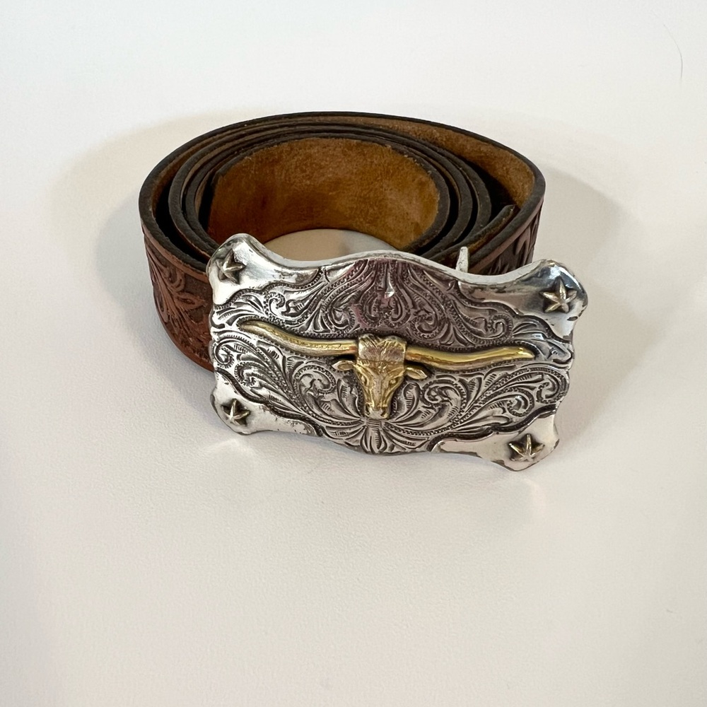 Tony Lama Tooled Leather Belt with Longhorn Buckle